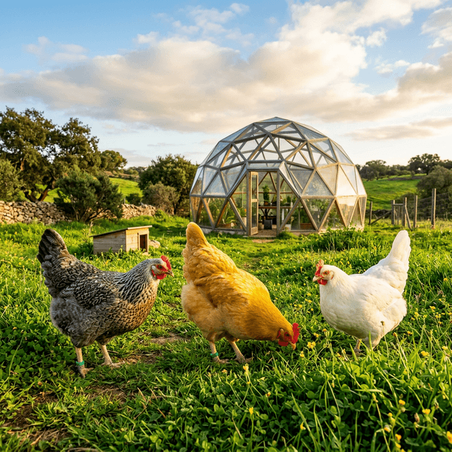 Galinhas autóctones ao ar livre em pasto verde com cúpula geodésica